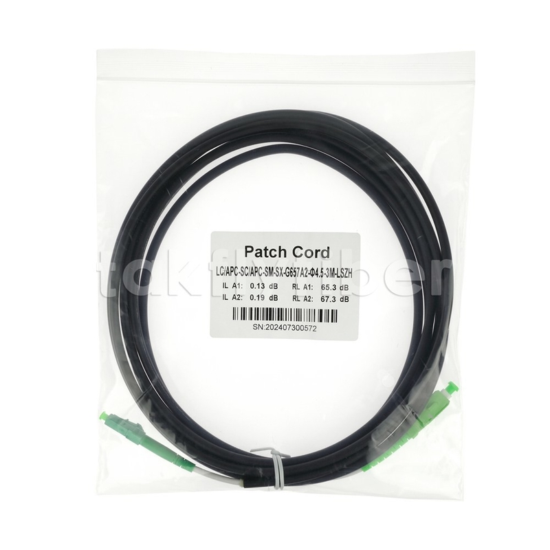 Telecom Grade CPR Dca Chứng nhận 4.5mm Double Shealth Fiber Optic Patchcord SM G657AB3 LSZH Black Jacket SCAPC đến LCAPC