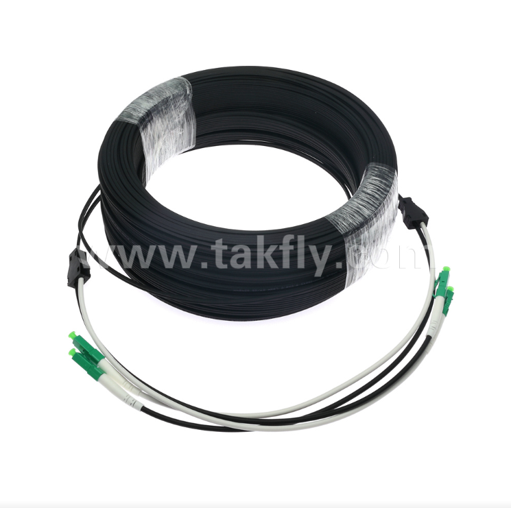 Cáp vá vá sợi quang LC/APC Flat Drop - 2 sợi Duplex, được kết nối sẵn, chống rung, dùng trong nhà cho triển khai FTTH tốc độ cao.