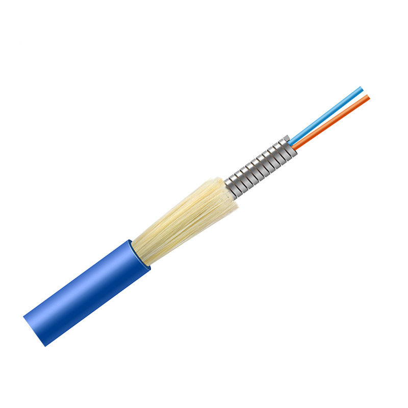 Indoor Metal 2 Core Optical Fiber Cable OFC Armoured Cable SM G657A1 PVC Blue Jacket